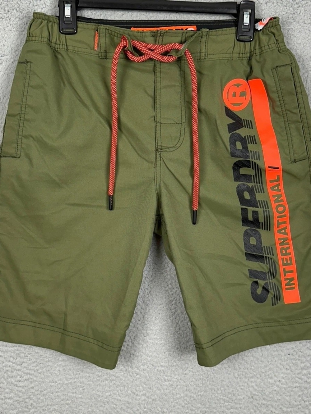 Superdry Olive Green Swim Board Shorts with Orange Accents